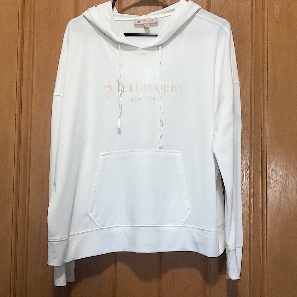 Philosophy light long sleeve shirt. White with gold rose writing.